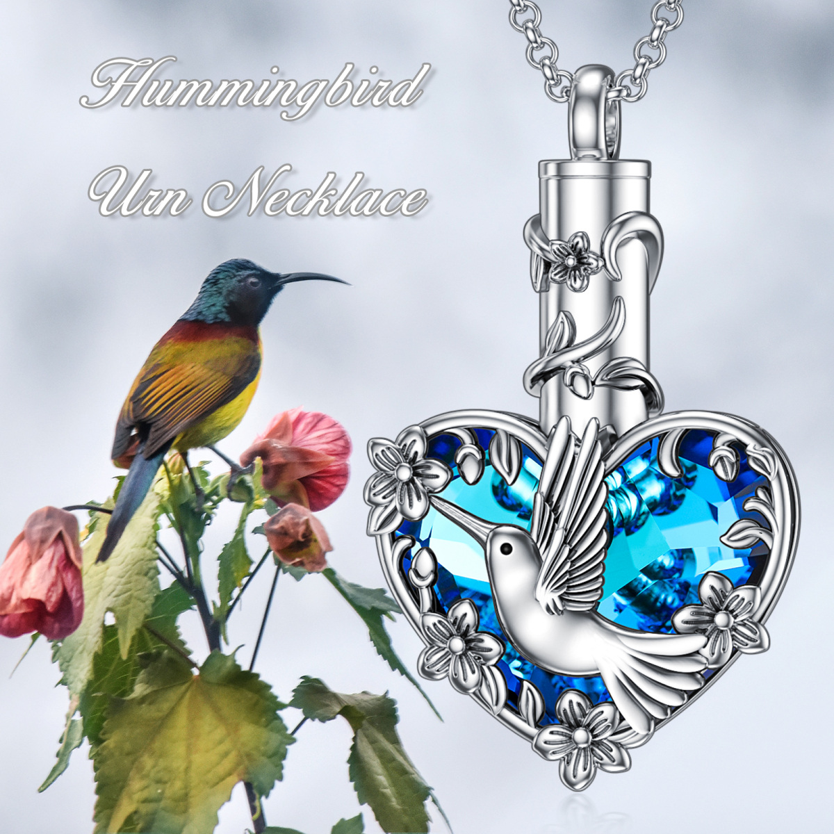 Collana con urna a forma di cuore con colibrì in cristallo d'argento sterling per le ceneri-6