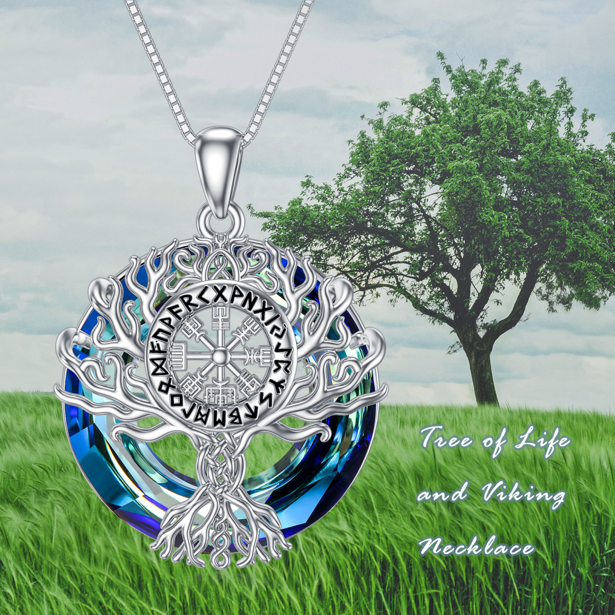 Sterling Silver Tree Of Life & Viking Rune Crystal Pendant Necklace-6