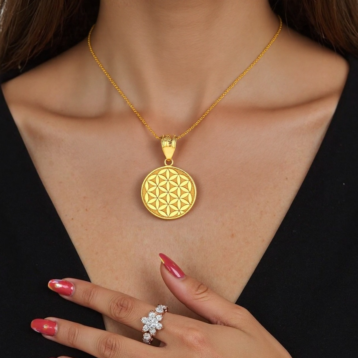 Dainty 14k Yellow Gold Flower Of Life Sacred Geometry Pendant Necklace-2