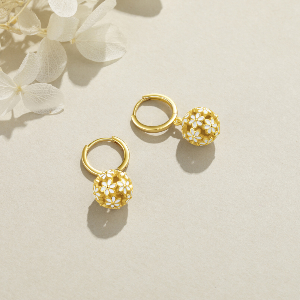 Gold Vermeil Flowers Circle Drop Earrings for Women-4