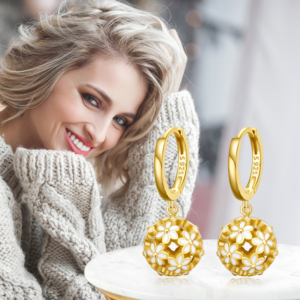 Gold Vermeil Flowers Circle Drop Earrings for Women-6