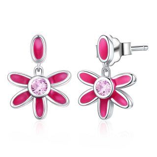 Sterling Silver Cubic Zirconia Daisy Drop Earrings-41