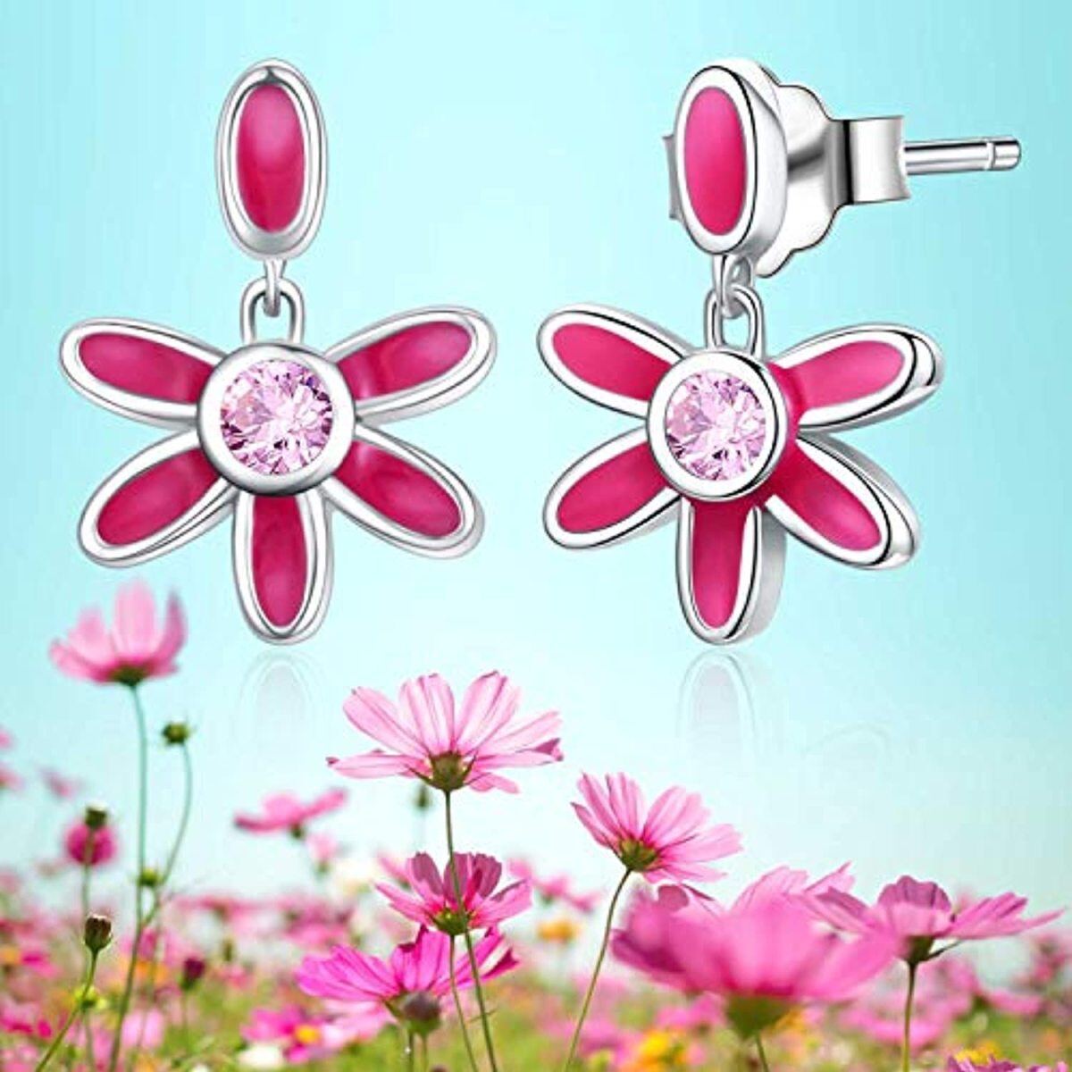 Sterling Silver Cubic Zirconia Daisy Drop Earrings-6