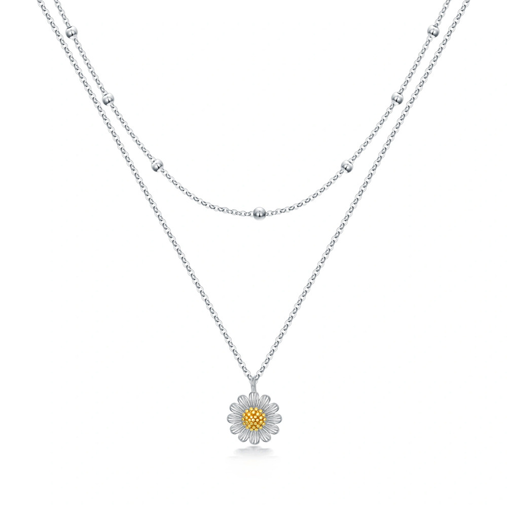 Sterling Silver Two-tone Sunflower Layered Necklace for Women-1