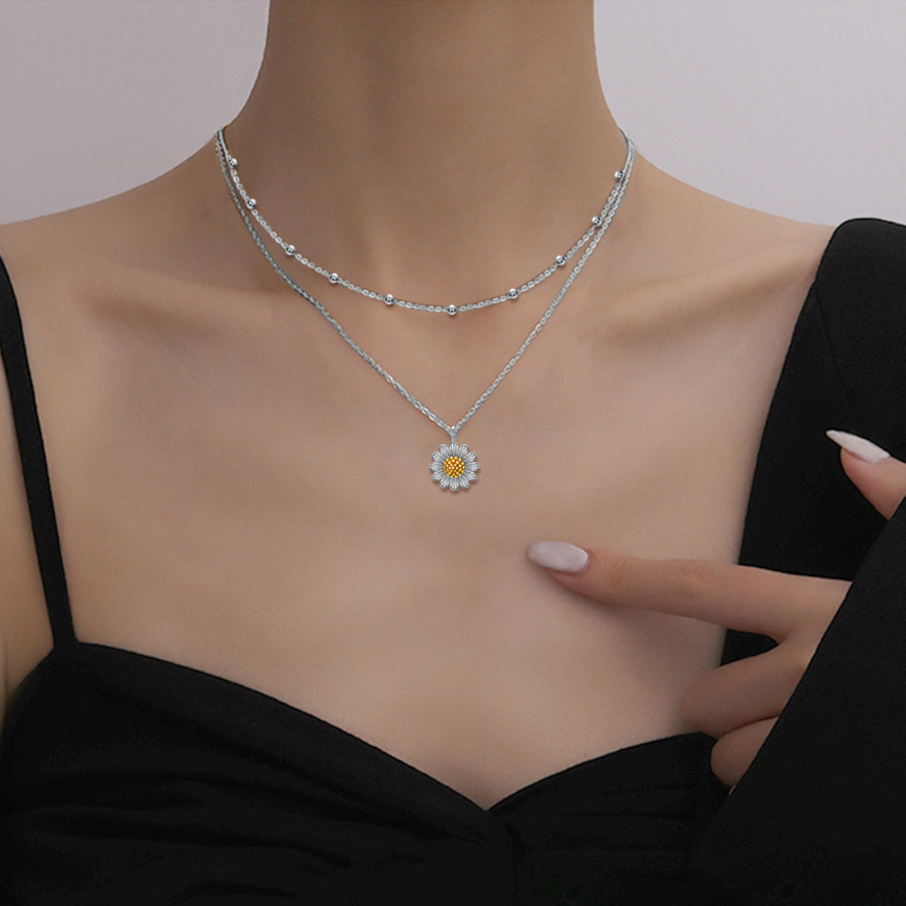 Colar de prata esterlina em duas cores com girassol em camadas para mulheres-2
