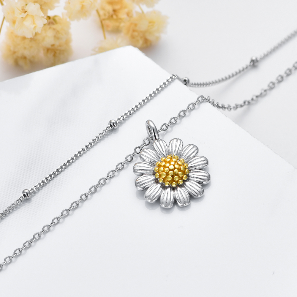 Colar de prata esterlina em duas cores com girassol em camadas para mulheres-3
