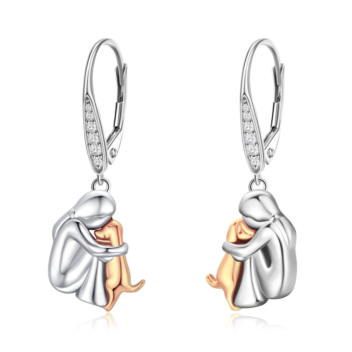 Sterling Silver Two-tone Dog Lever-back Earrings-1