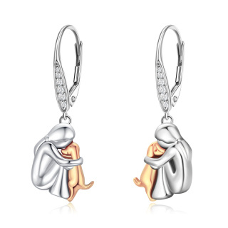 Sterling Silver Two-tone Dog Lever-back Earrings-32