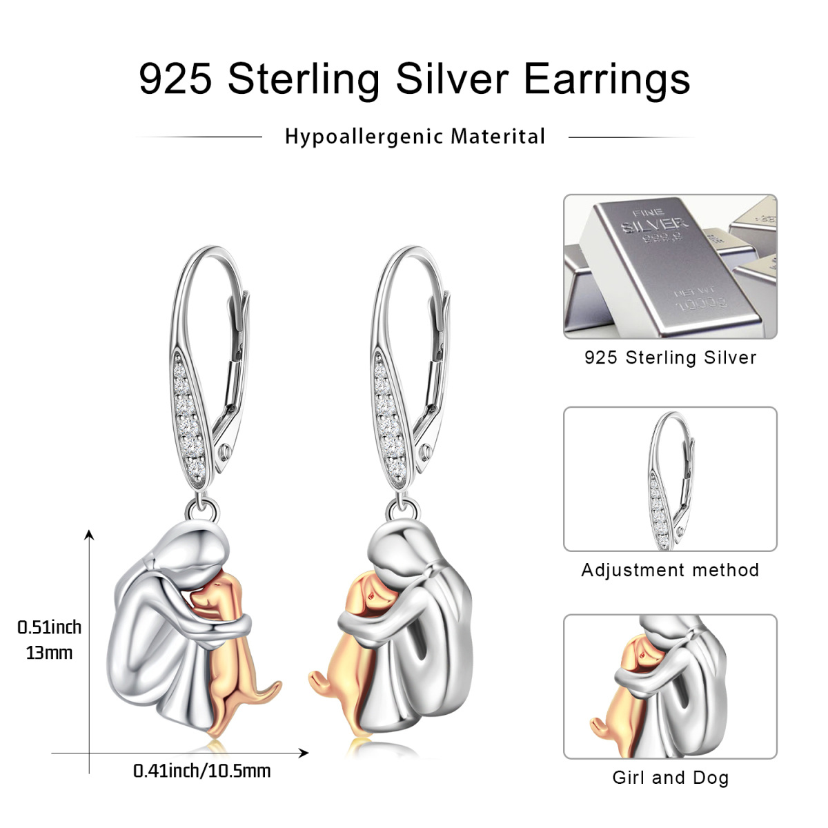 Sterling Silver Two-tone Dog Lever-back Earrings-7