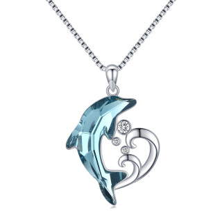 Sterling Silver Crystal Dolphin & Wave Pendant Necklace for women-1