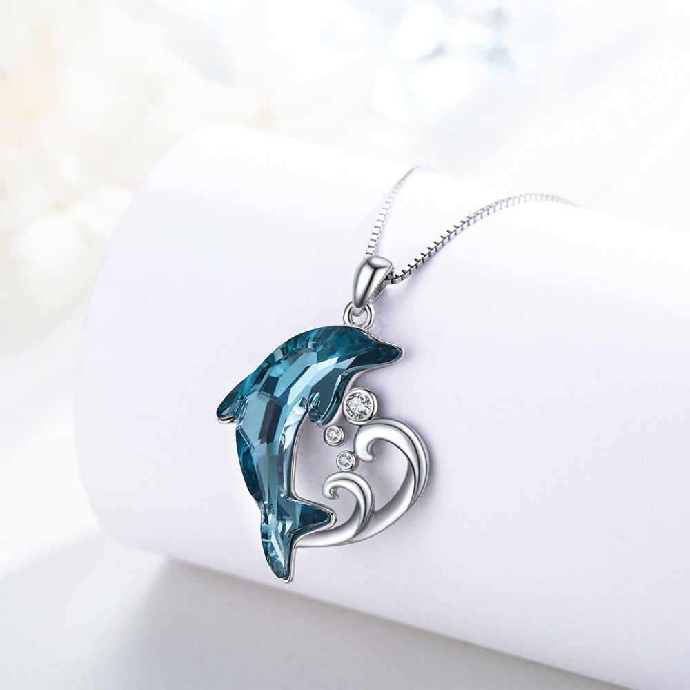 Sterling Silver Crystal Dolphin & Wave Pendant Necklace for women-3