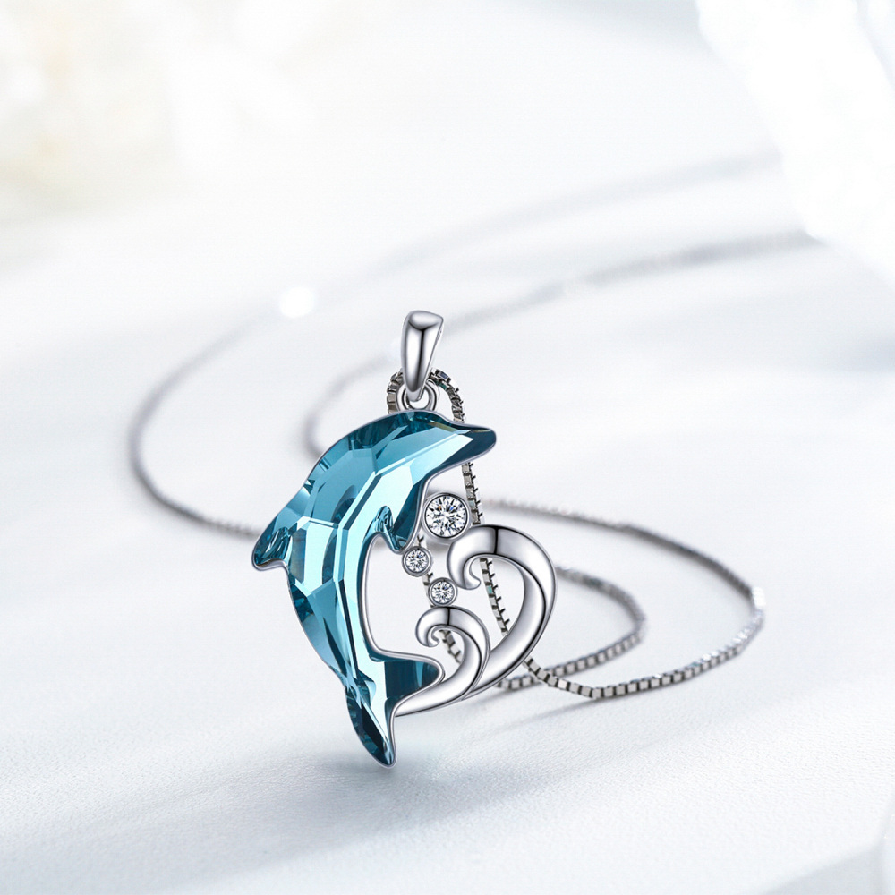 Sterling Silver Crystal Dolphin & Wave Pendant Necklace for women-4