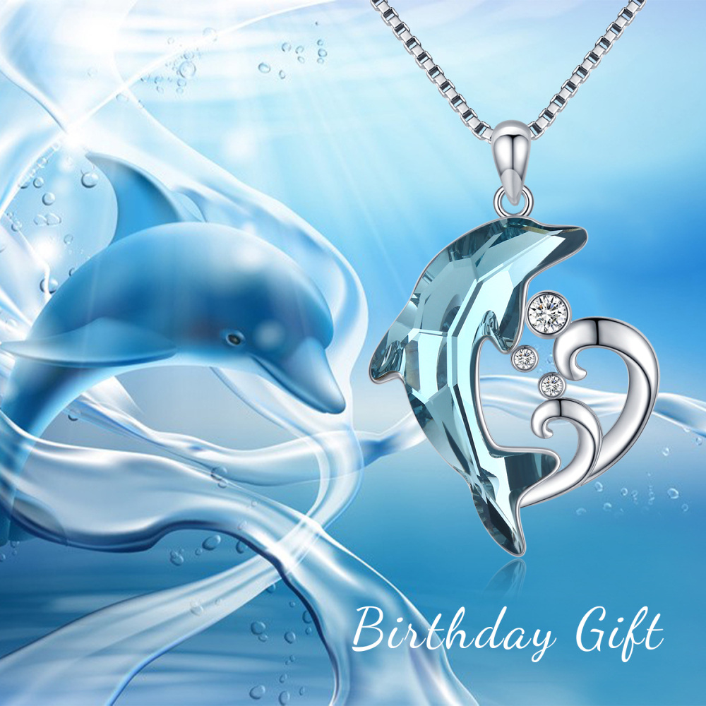 Sterling Silver Crystal Dolphin & Wave Pendant Necklace for women-5