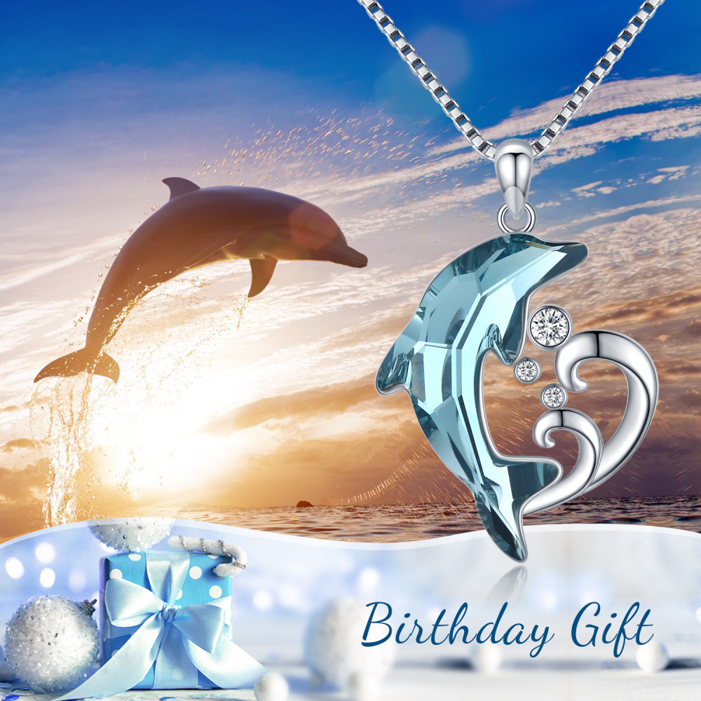 Sterling Silver Crystal Dolphin & Wave Pendant Necklace for women-6
