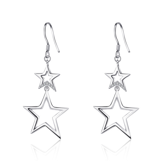 Double Star Zircon Sterling Silver Drop Dangle Earrings Party Gifts for Women Girls