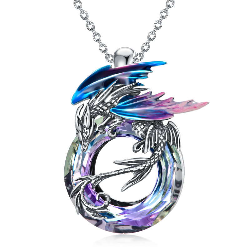 Sterling Silver Dragon Crystal Pendant Necklace-4