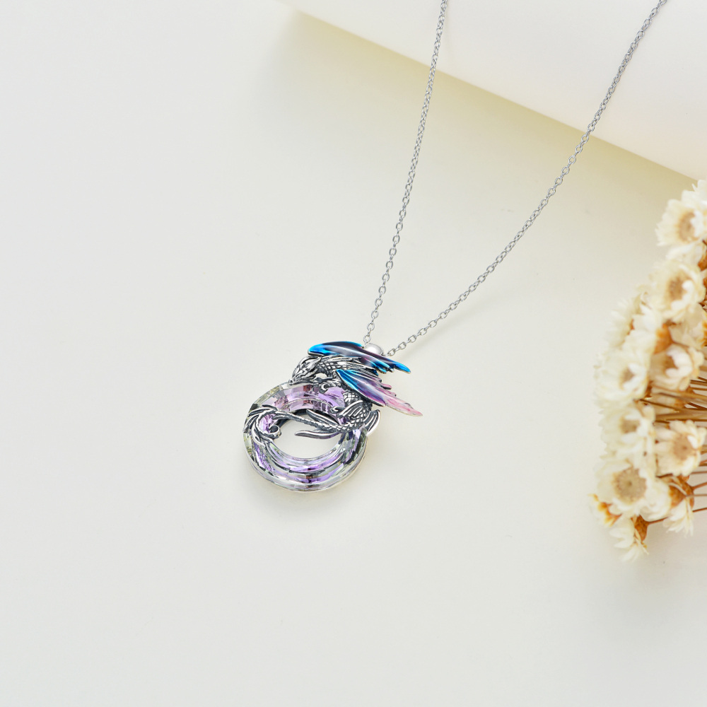 Sterling Silver Dragon Crystal Pendant Necklace-3