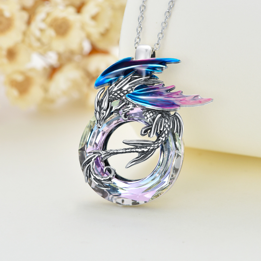 Sterling Silver Dragon Crystal Pendant Necklace-4