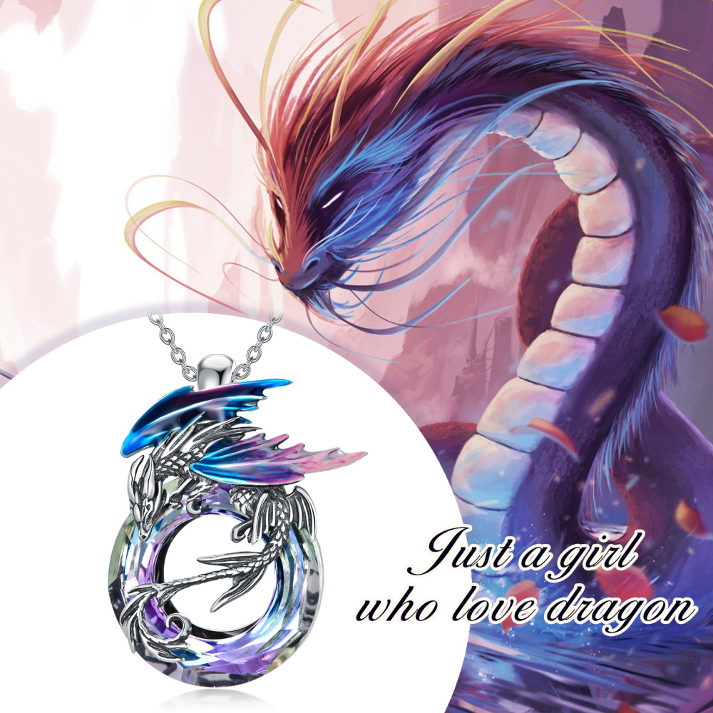 Sterling Silver Dragon Crystal Pendant Necklace-6