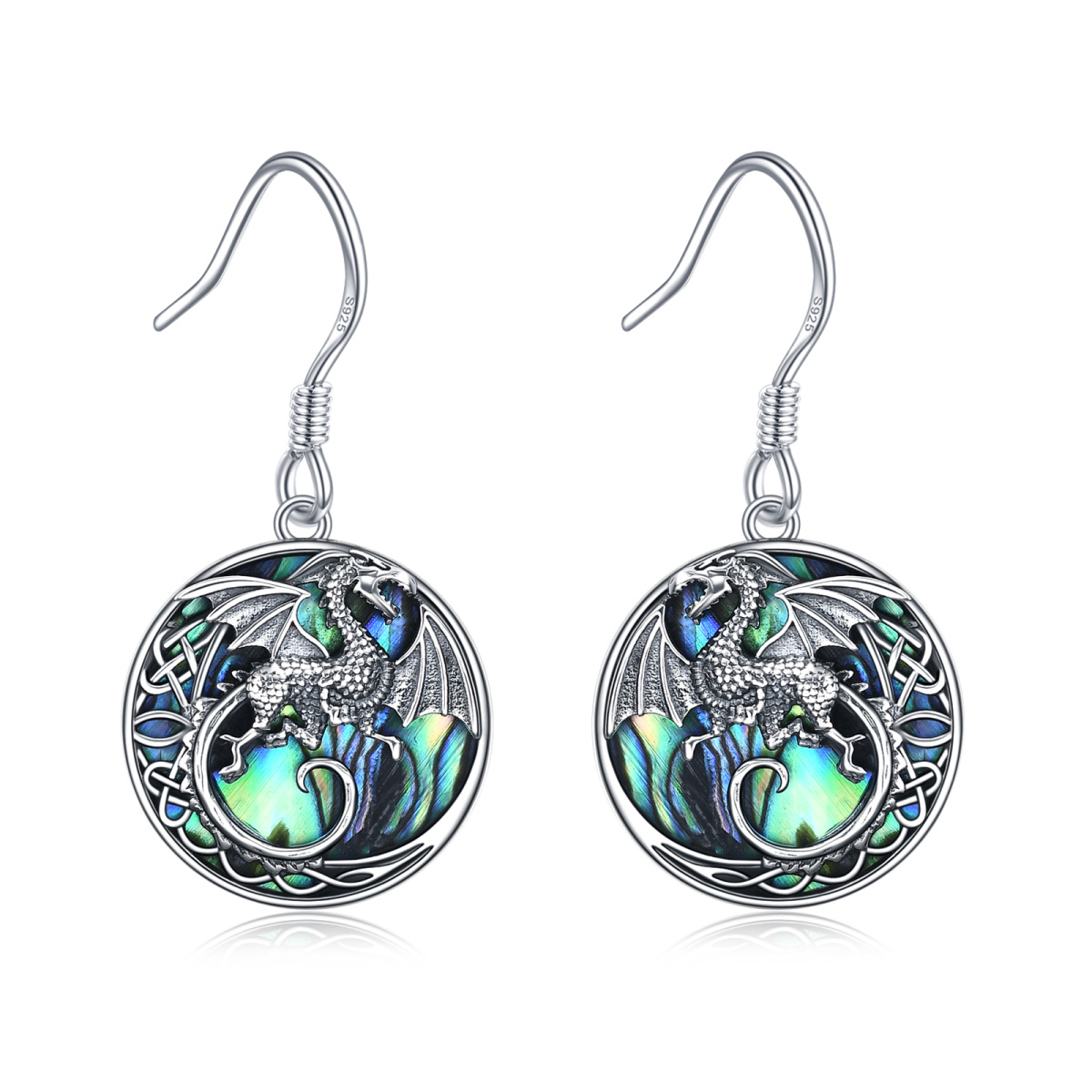 Sterling Silver Abalone Shellfish Dragon & Celtic Knot Drop Earrings-1