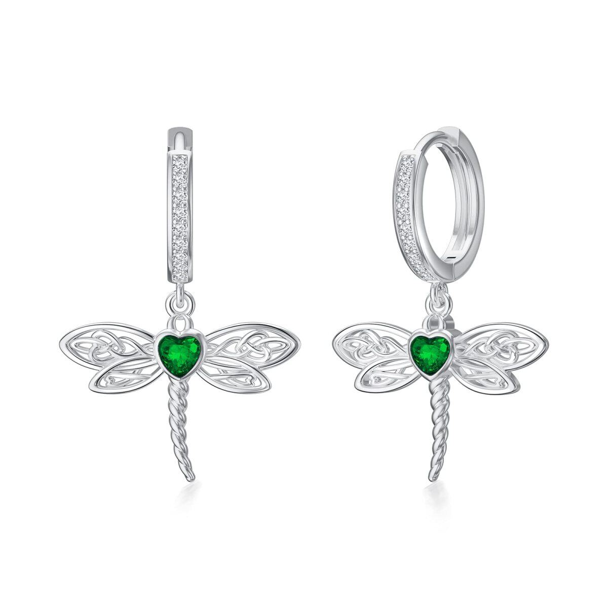 Sterling Silver Green Heart Shaped Cubic Zirconia Dragonfly & Celtic Knot Drop Earrings-1