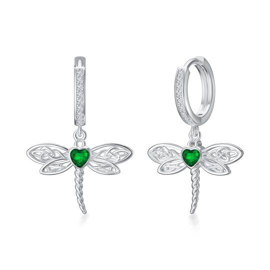 Sterling Silver Green Heart Shaped Cubic Zirconia Dragonfly & Celtic Knot Drop Earrings