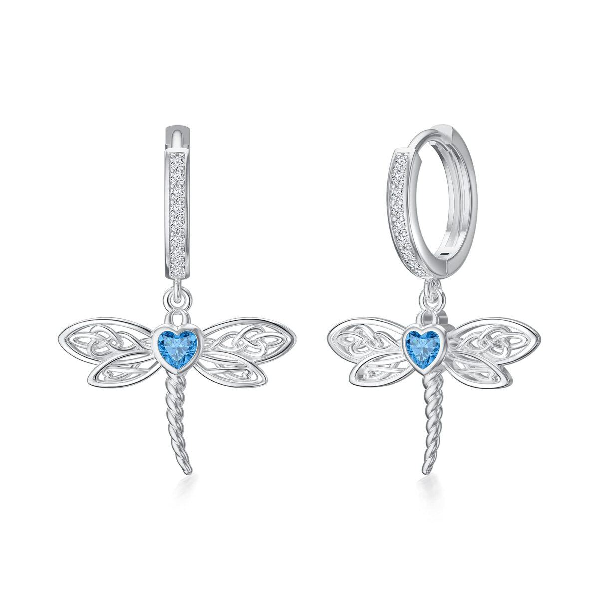 Sterling Silver Blue Heart Shaped Cubic Zirconia Dragonfly & Celtic Knot Drop Earrings-1