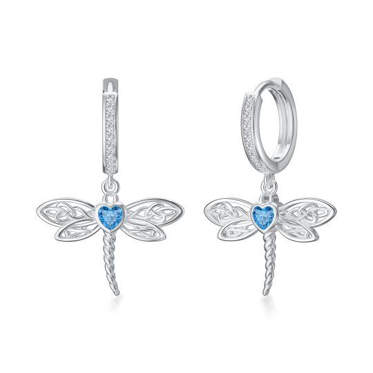 Sterling Silver Blue Heart Shaped Cubic Zirconia Dragonfly & Celtic Knot Drop Earrings