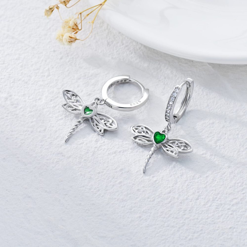 Ohrhänger aus Sterlingsilber mit keltischem Knoten und Libelle in Herzform, grün, Zirkonia-3