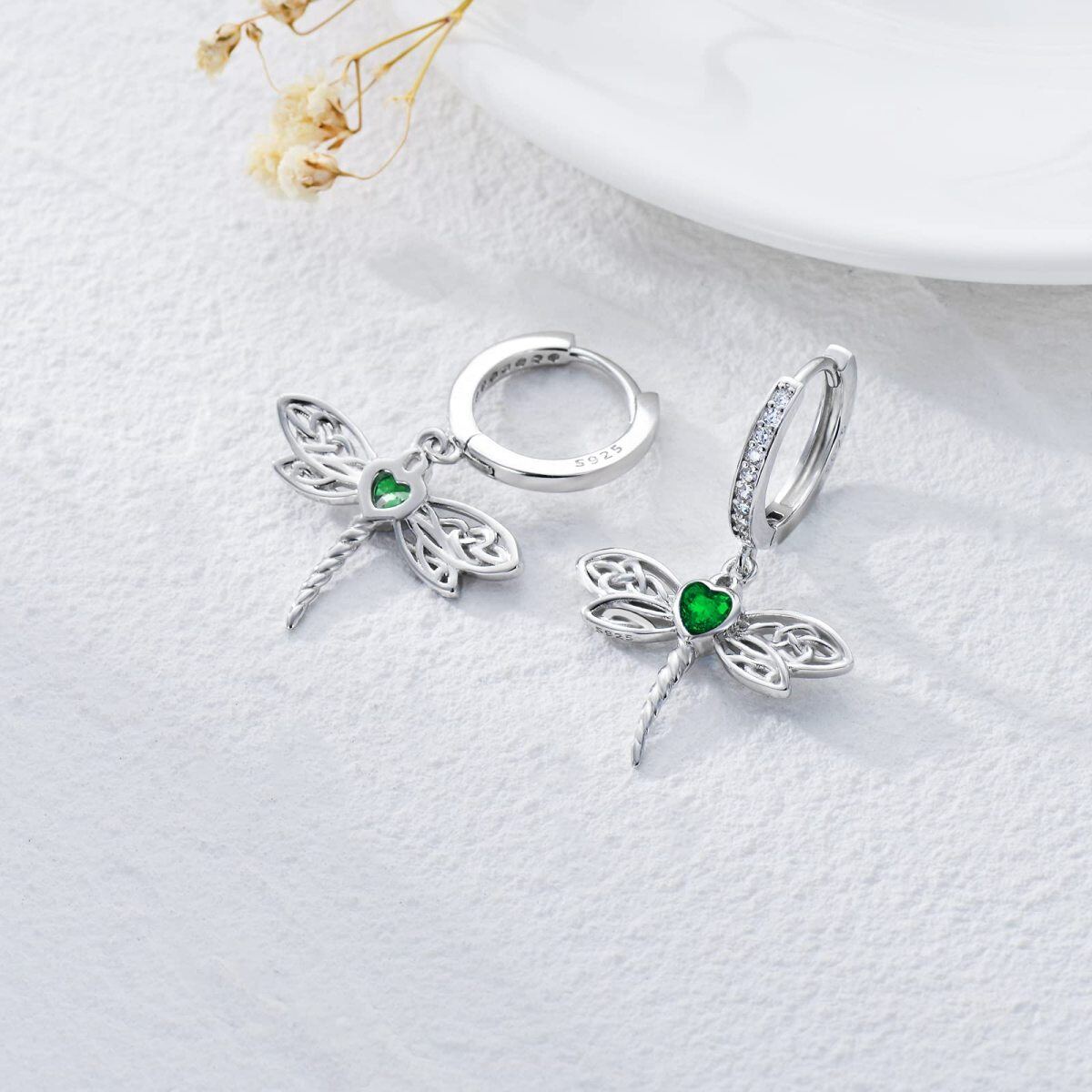 Sterling Silver Green Heart Shaped Cubic Zirconia Dragonfly & Celtic Knot Drop Earrings-3