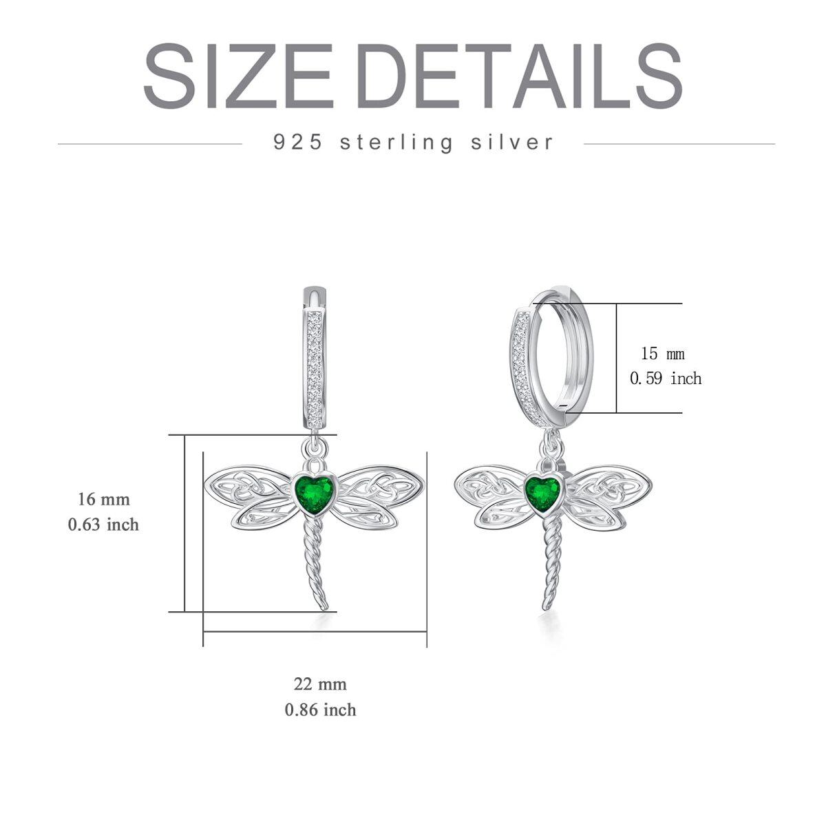 Sterling Silver Green Heart Shaped Cubic Zirconia Dragonfly & Celtic Knot Drop Earrings-4