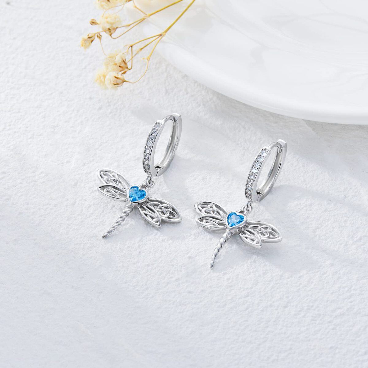 Sterling Silver Blue Heart Shaped Cubic Zirconia Dragonfly & Celtic Knot Drop Earrings-3