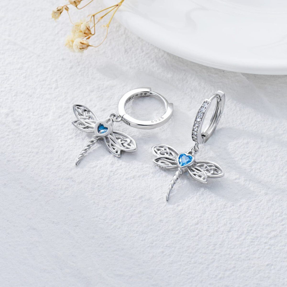 Sterling Silver Blue Heart Shaped Cubic Zirconia Dragonfly & Celtic Knot Drop Earrings-4