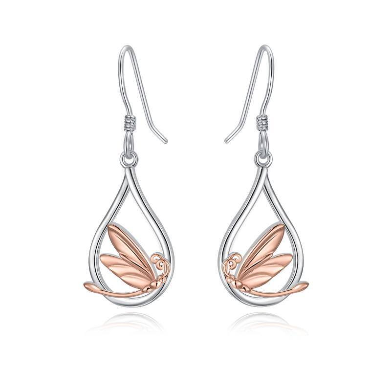 Sterling Silver Two-tone Dragonfly Drop Earrings-1