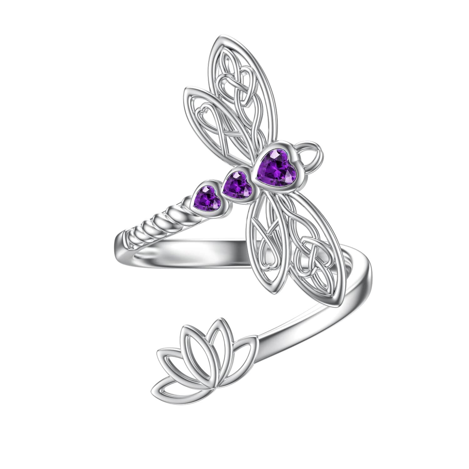 Image of Sterling Silver Amethyst Crystal Dragonfly & Lotus & Celtic Knot Open Ring