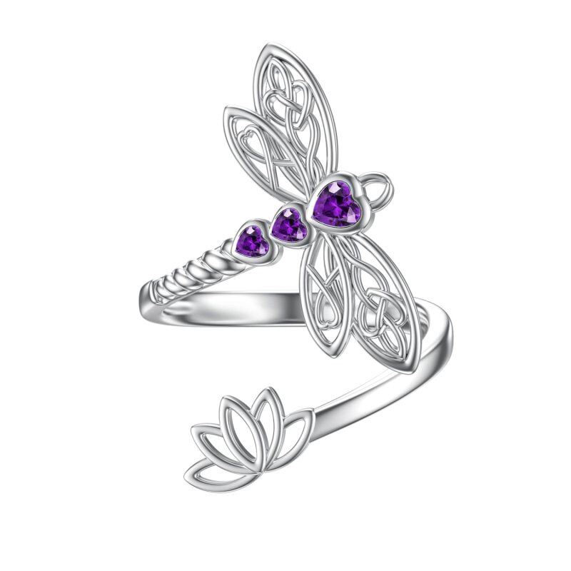 Sterling Silver Amethyst Crystal Dragonfly & Lotus & Celtic Knot Open Ring-14