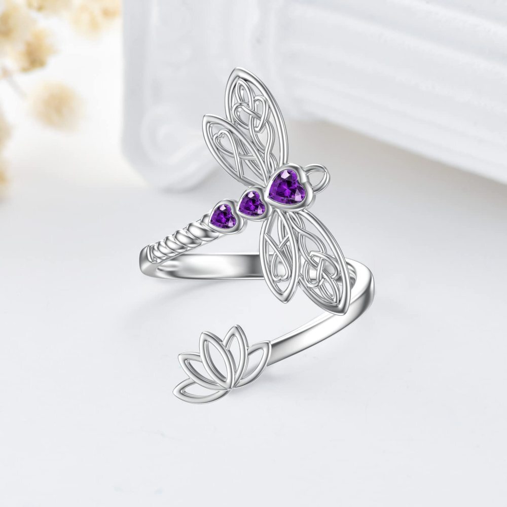Sterling Silver Amethyst Crystal Dragonfly & Lotus & Celtic Knot Open Ring-3