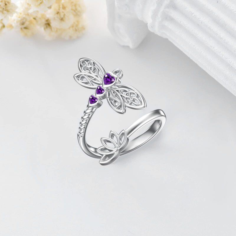 Sterling Silver Amethyst Crystal Dragonfly & Lotus & Celtic Knot Open Ring-4