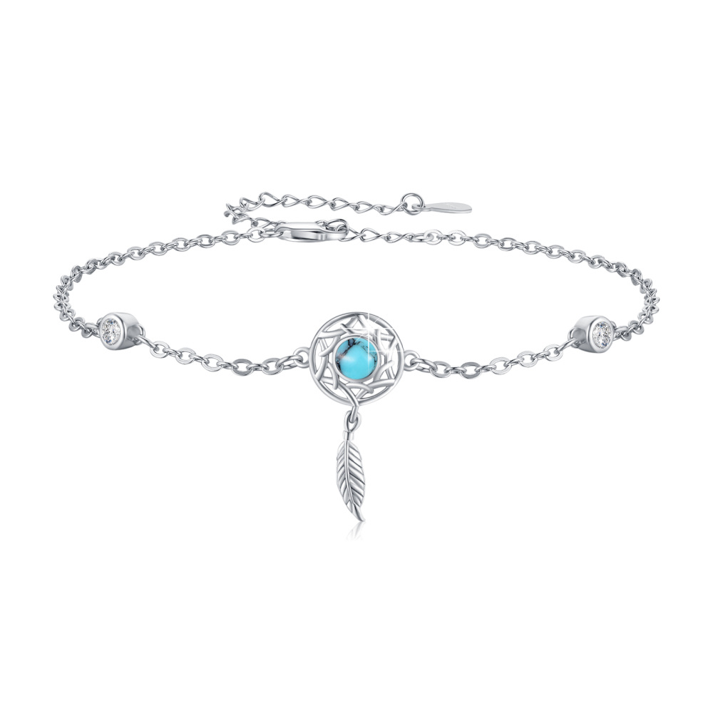 Sterling Silver Cubic Zirconia & Turquoise Dream Catcher Charm Bracelet-1