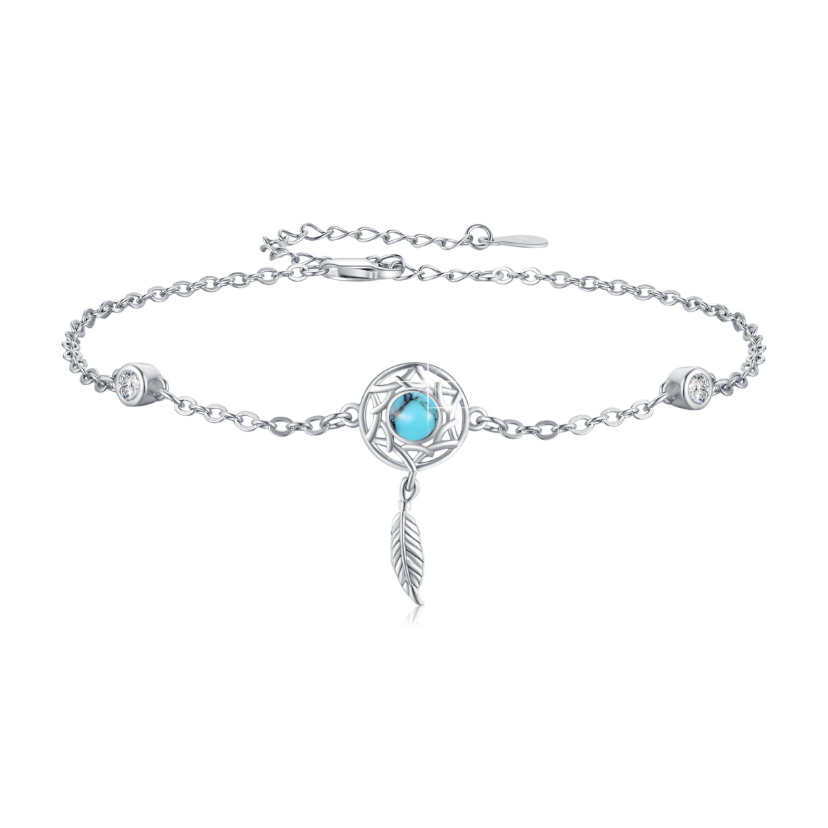 Pulsera con colgante atrapasueños de turquesa y circonita cúbica en plata de ley-1