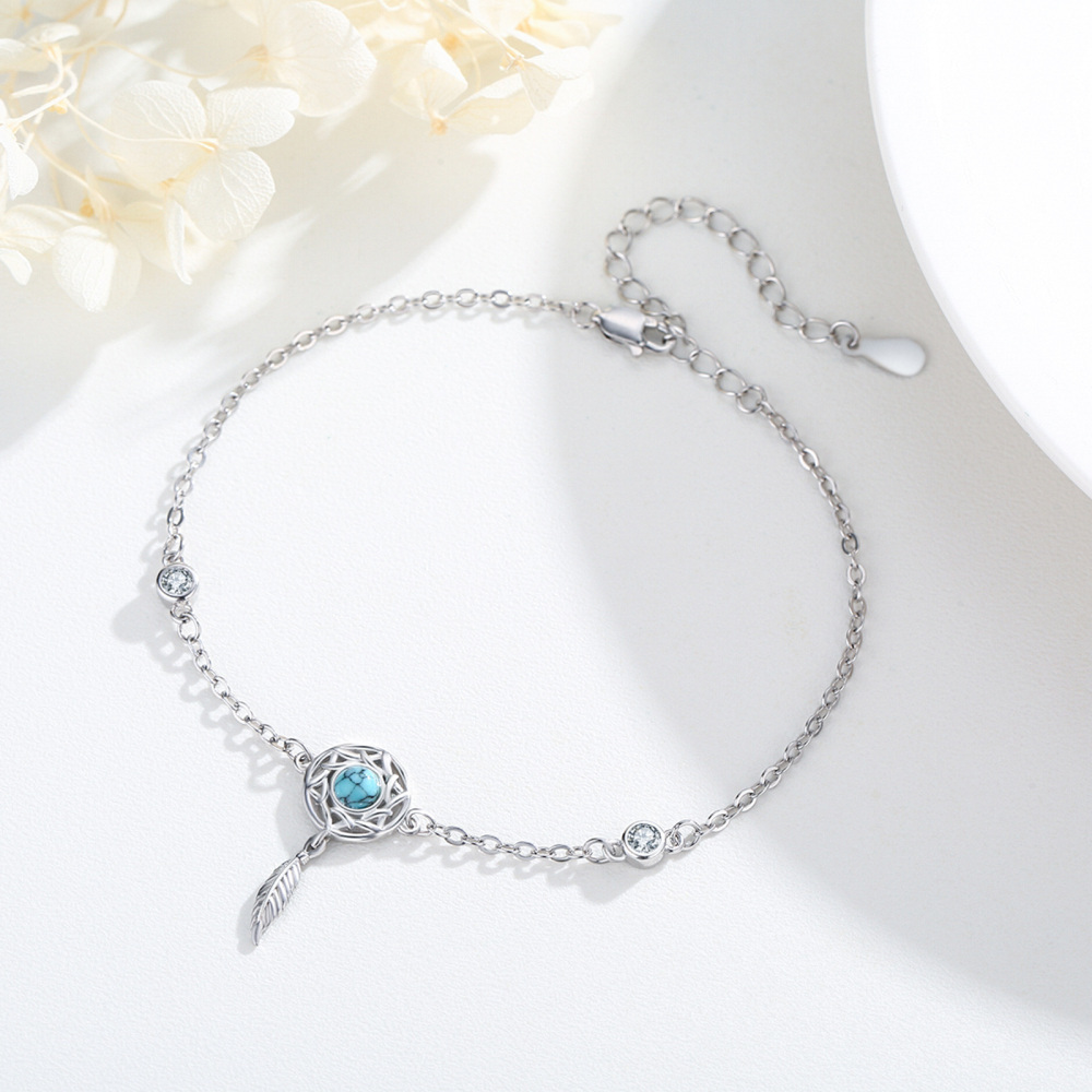 Sterling Silver Cubic Zirconia & Turquoise Dream Catcher Charm Bracelet-2