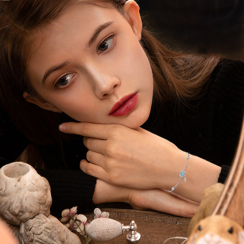 Sterling Silver Cubic Zirconia & Turquoise Dream Catcher Charm Bracelet-3