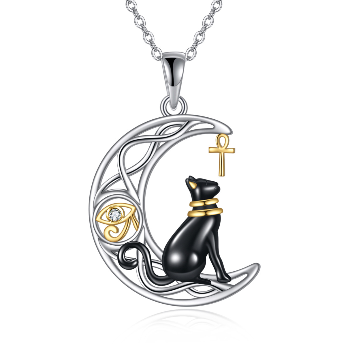 Sterling Silver Egyptian Bastet Cat Crescent Moon & Cross Necklace-1