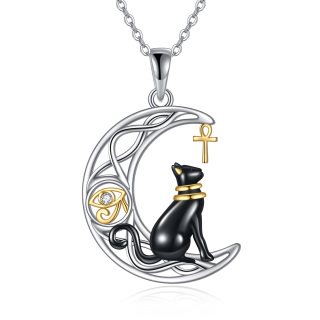 Sterling Silver Egyptian Bastet Cat Crescent Moon & Cross Necklace-3