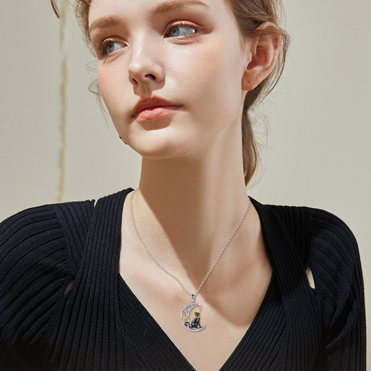 Collier en argent sterling avec croissant de lune et croix en forme de chat Bastet égyptien-2