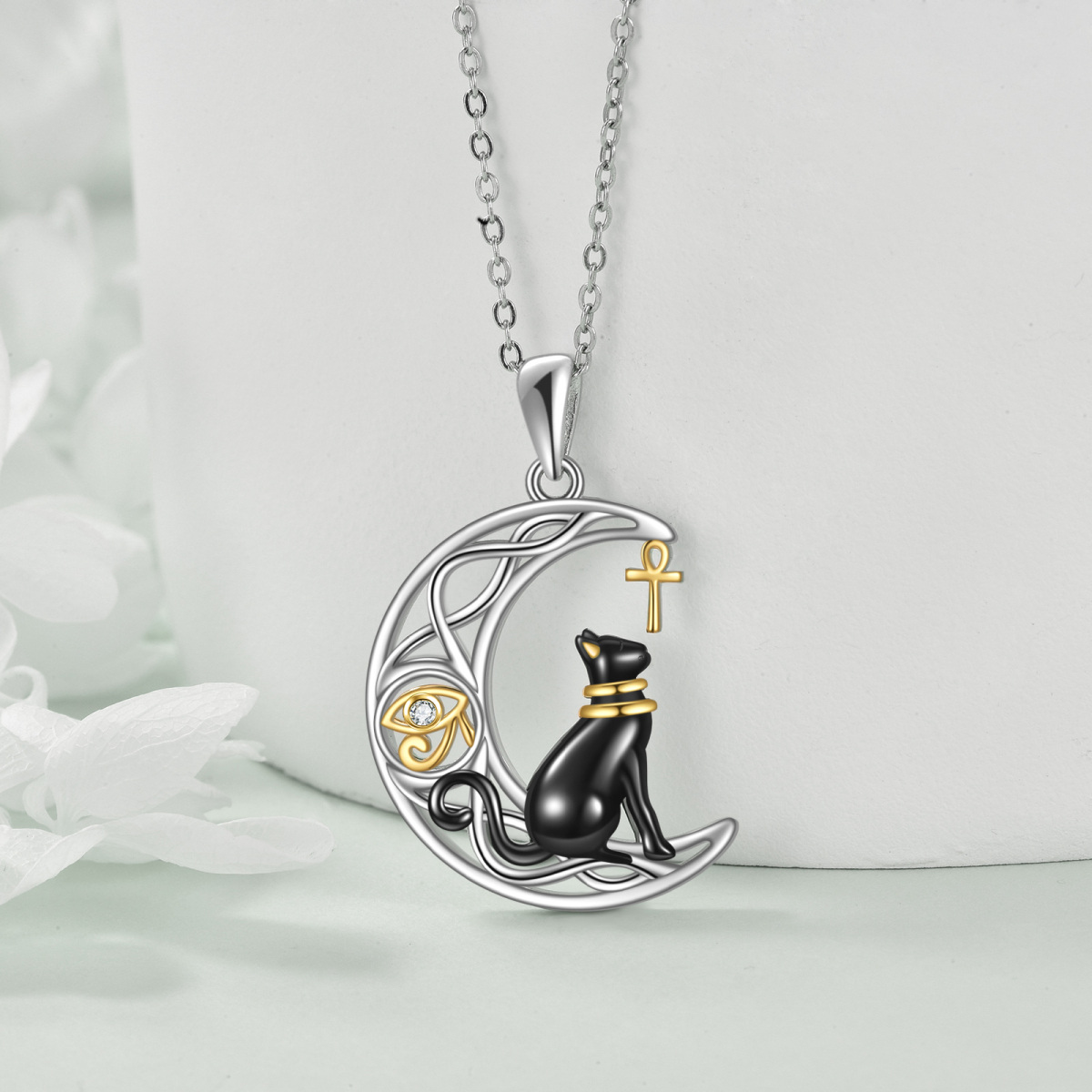 Collier en argent sterling avec croissant de lune et croix en forme de chat Bastet égyptien-3