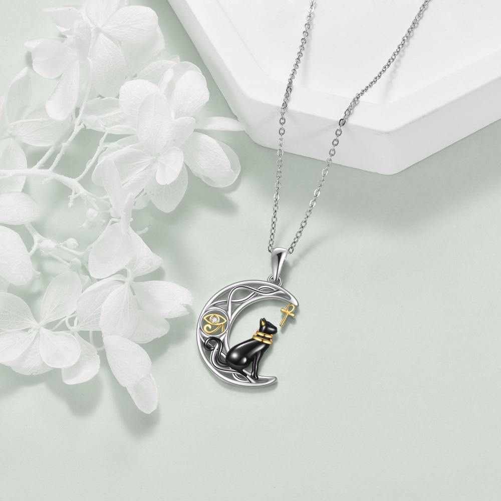 Collar de plata de ley con cruz de luna creciente y gato egipcio Bastet-4