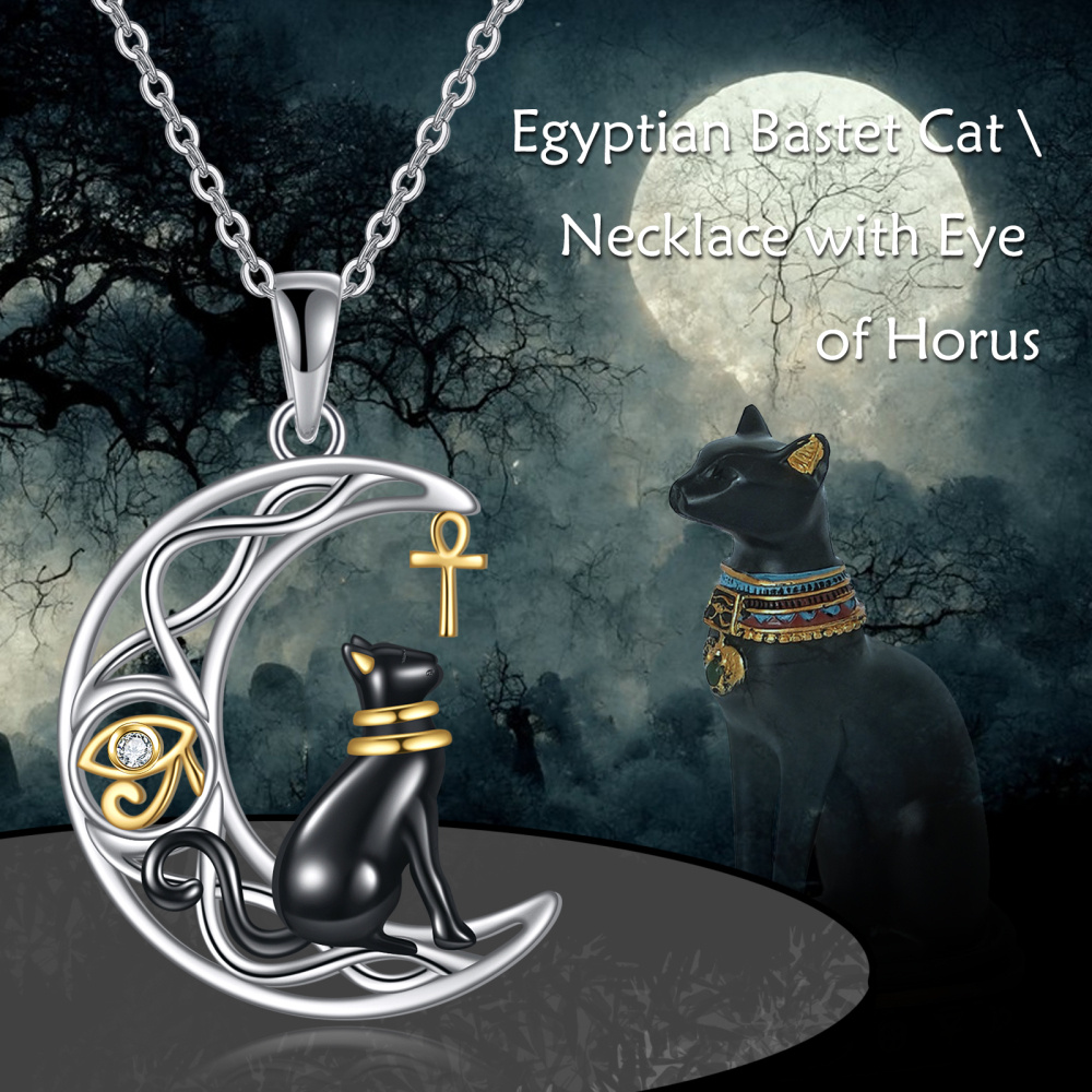 Collar de plata de ley con cruz de luna creciente y gato egipcio Bastet-6