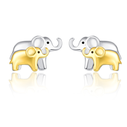 Pendientes de elefante de dos tonos en plata de ley