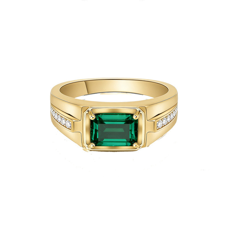 14K Gold Emerald Cut Artificial Emerald Ring for Men-20